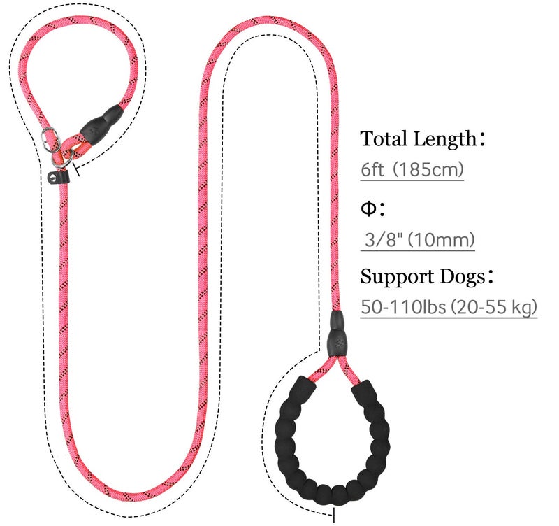 TagME Slip Leads for Dogs, 6 FT Heavy Duty Slip Leash with Padded Handle, Strong Rope No Pull Pet Training Leash for Medium Dogs,Pink - Image 2